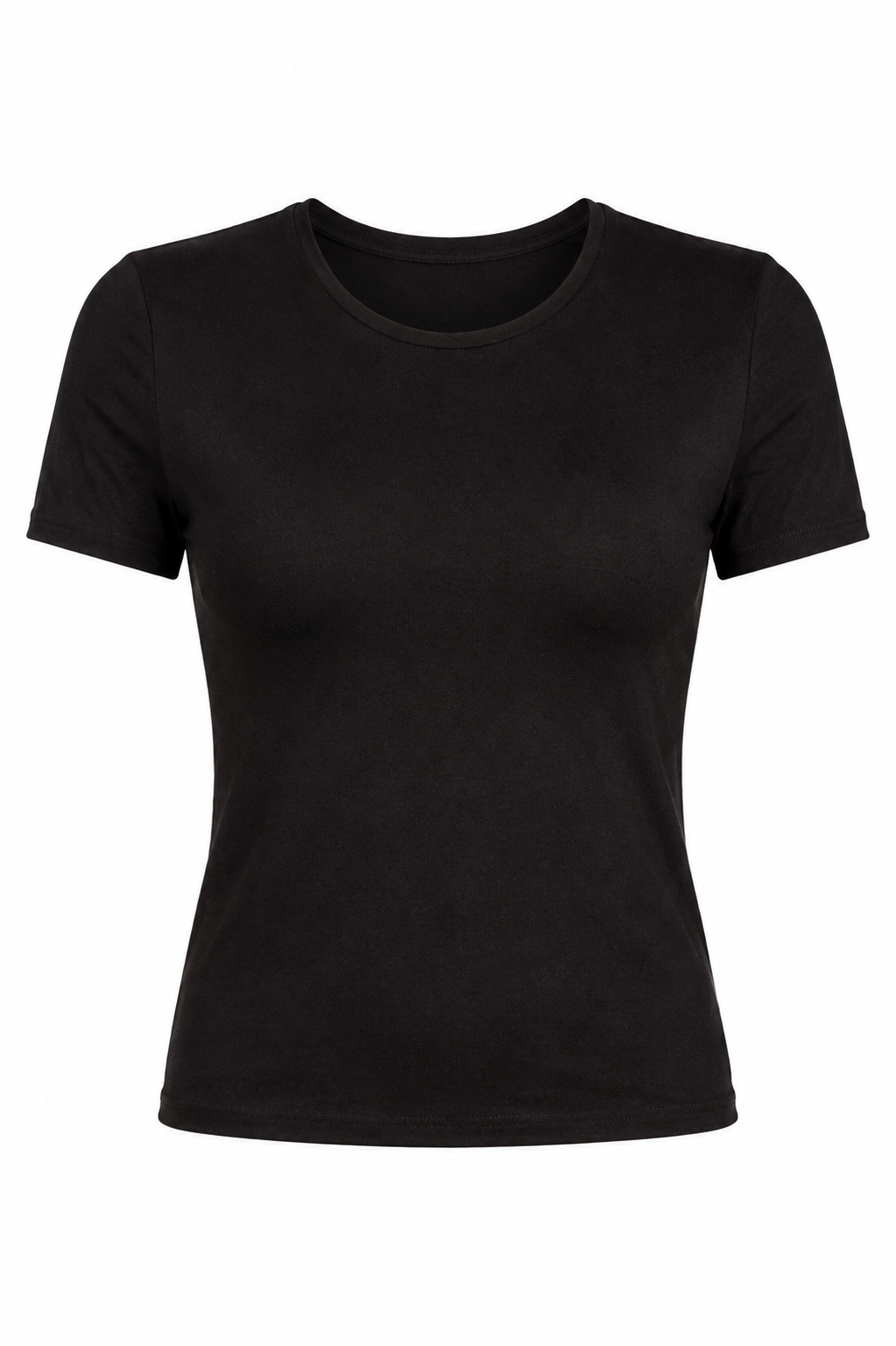 A black short-sleeve crewneck t-shirt displayed on a headless mannequin torso against a plain white background.