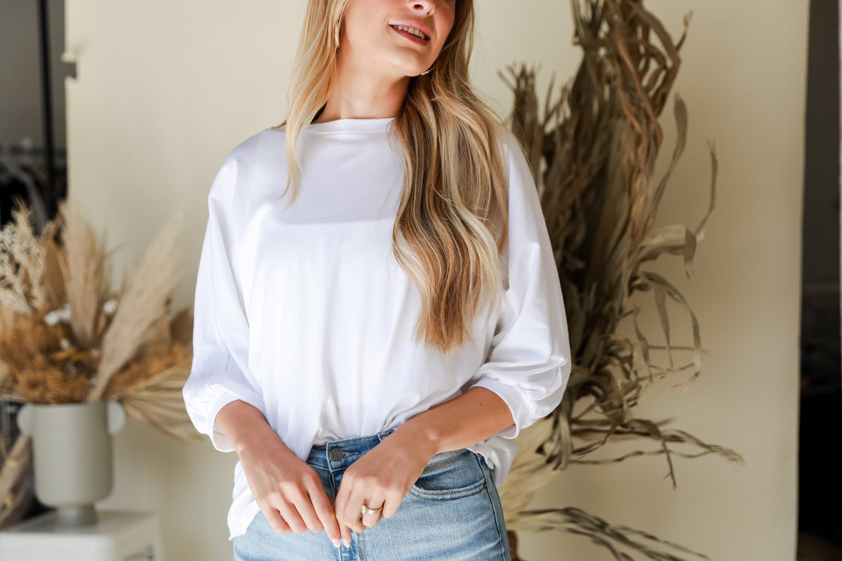 model wearing a basic white tee