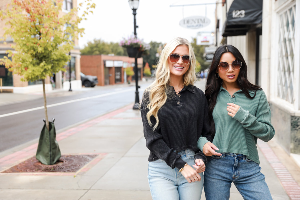 models wearing cute waffle knit henley tops