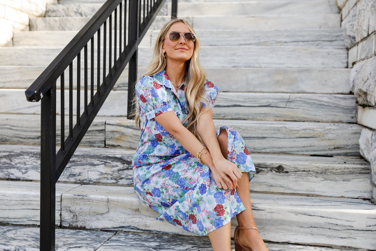 model wearing a floral maxi dress. online women's store