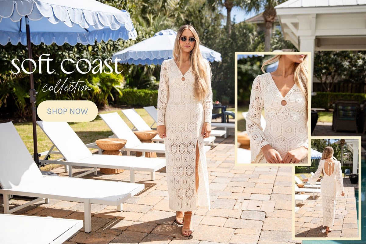 model wearing a white crochet knit maxi dress 