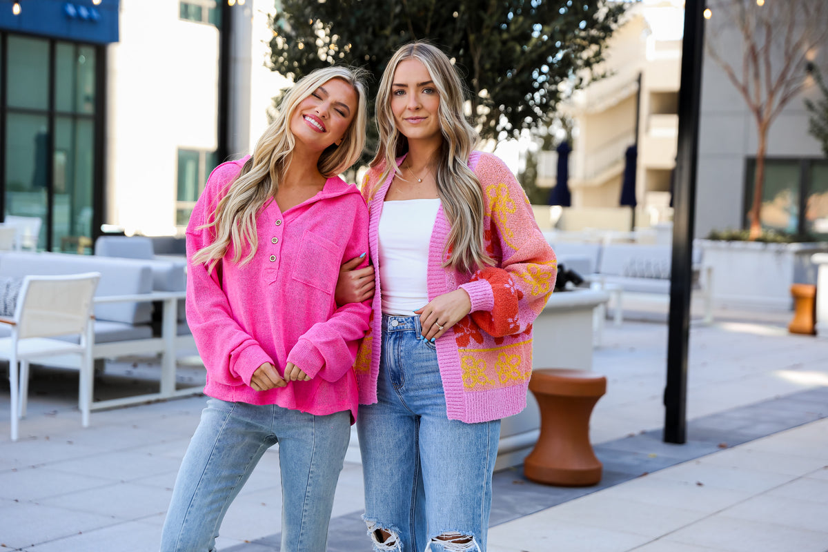 models wearing bright colored sweaters