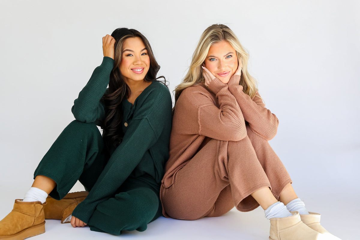 models wearing cute matching lounge sets. Gifts for her. Online women's boutique