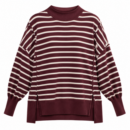 A long-sleeve knit sweater with horizontal burgundy and cream stripes, featuring a mock neck, dropped shoulders, and a relaxed fit, shown against a plain white background.