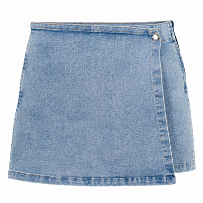 A light blue denim mini skirt with an asymmetrical wrap-style front and a single silver button closure, shown against a plain white background.