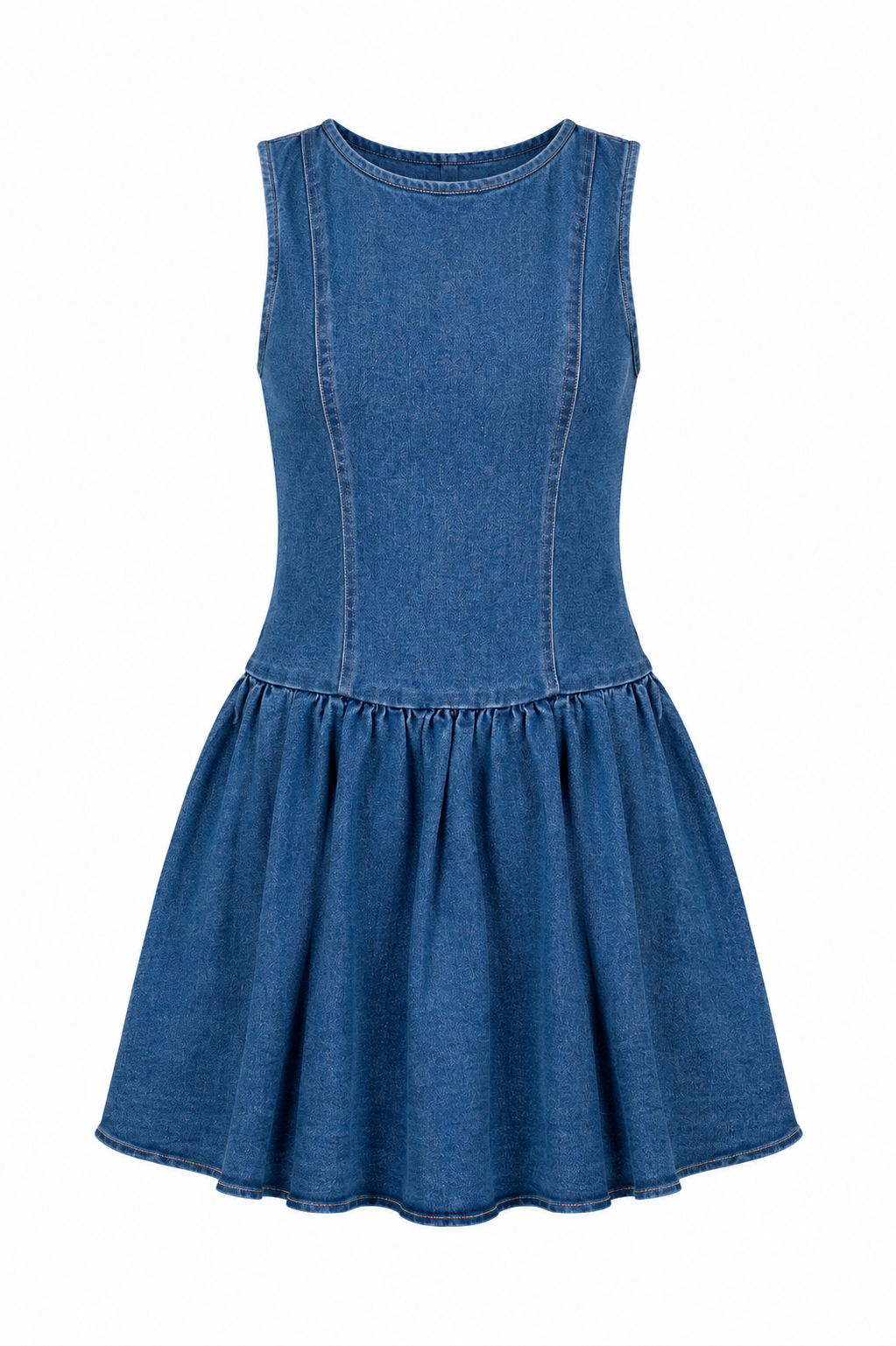 A sleeveless blue denim dress with a fitted bodice and a flared skirt, shown against a plain white background.