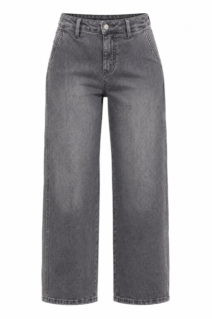 A pair of high-waisted, wide-leg cropped jeans in a washed charcoal gray denim, shown against a plain white background.