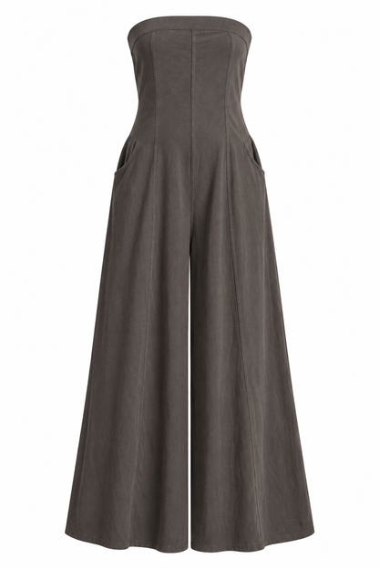 A dark gray strapless wide-leg jumpsuit with side pockets, shown against a plain white background.