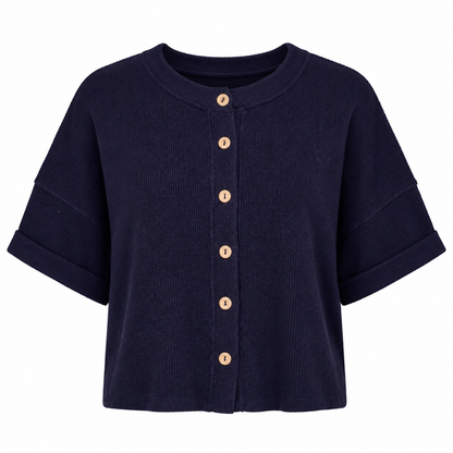A navy blue ribbed knit short-sleeve cardigan with a crew neck and a vertical row of light tan buttons down the front, displayed on a clean white background.