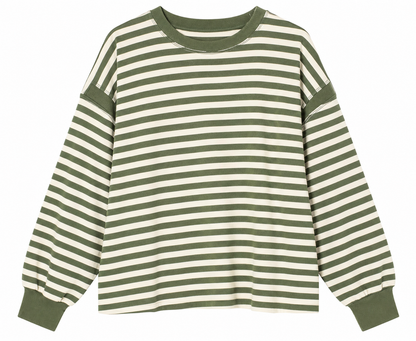 A long-sleeve crewneck shirt with horizontal olive green and cream stripes, featuring solid olive green ribbed cuffs and collar, displayed on a clean white background.