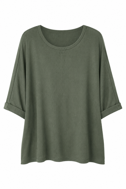 An olive green short-sleeve top with a wide scoop neckline and rolled cuffs, shown against a plain white background.
