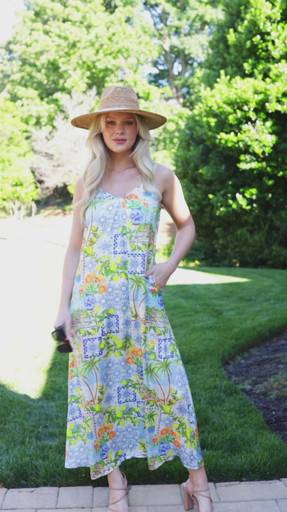 Palm Haven Tropical Print Ivory Midi Dress