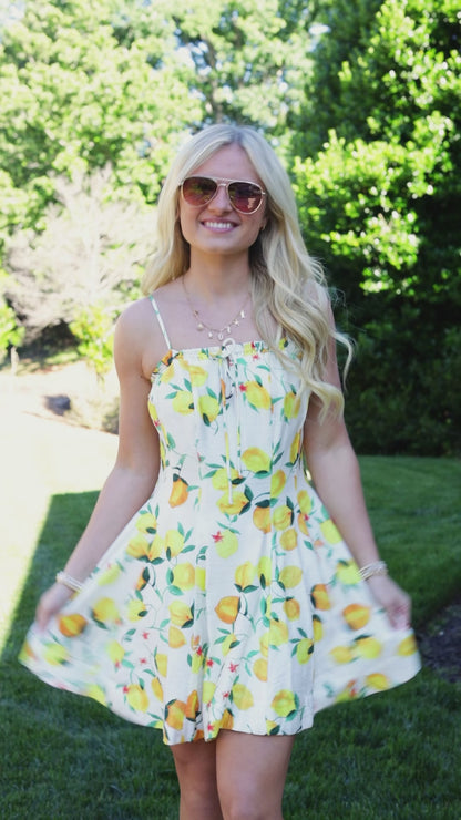 Coastal Citrus Yellow Lemon Print Mini Dress