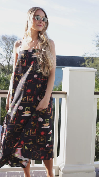 Tropical Lifestyle Printed Black Midi Dress