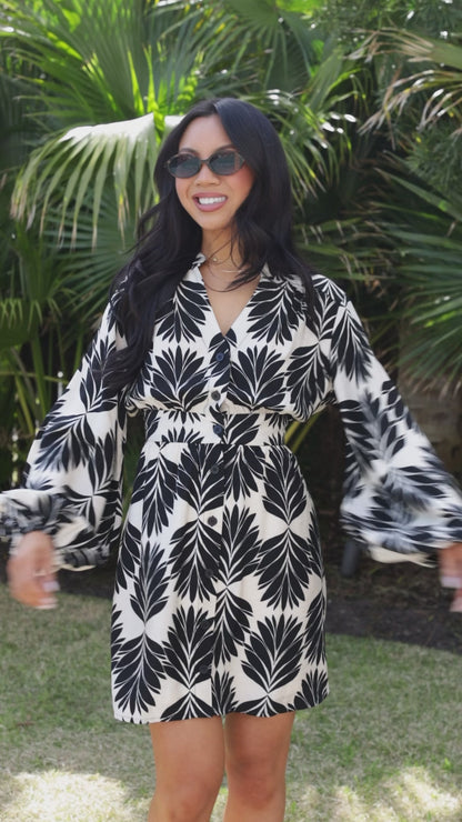 Freely Flowing Black Palm Print Mini Dress