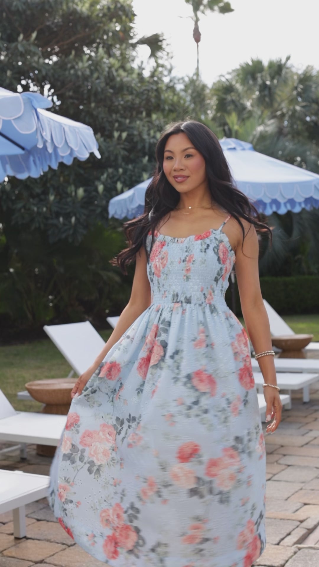 Calm And Composed Blue Floral Smocked Midi Dress