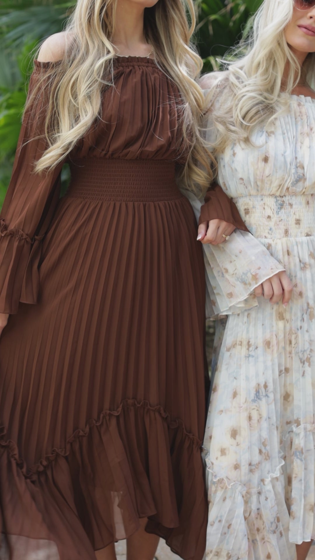 Elegant Charm Pleated Brown Maxi Dress