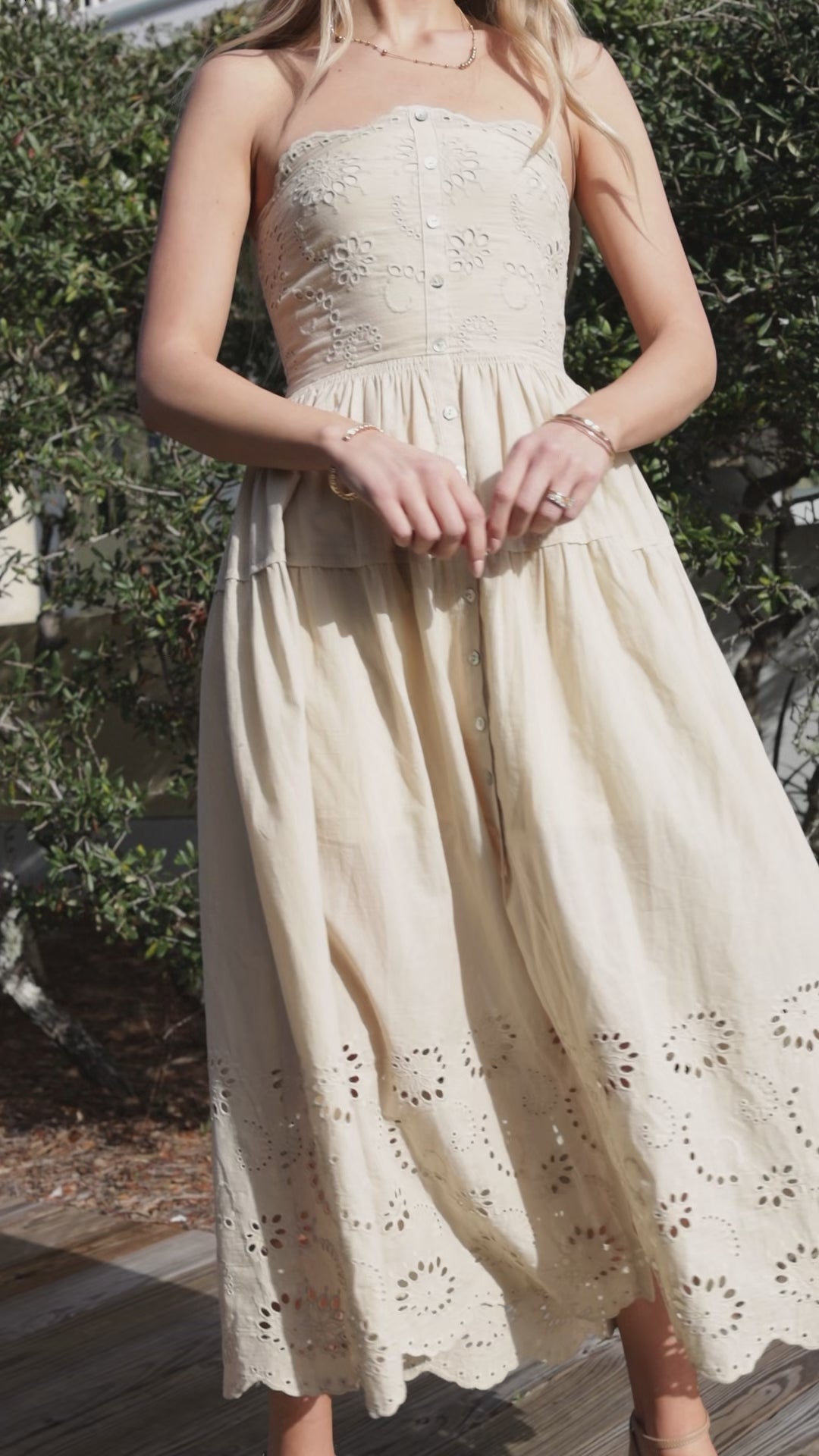 FINAL SALE - Sandy Secrets Eyelet Taupe Maxi Dress