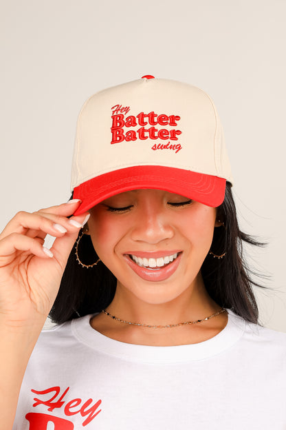 Red Hey Batter Batter Swing Embroidered Hat