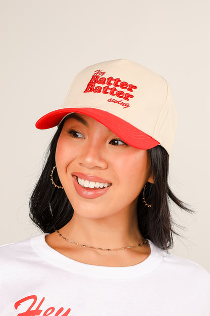 Red Hey Batter Batter Swing Embroidered Hat