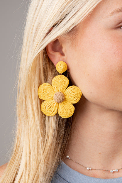 Close-up of a person wearing yellow flower-shaped earrings with a gray background