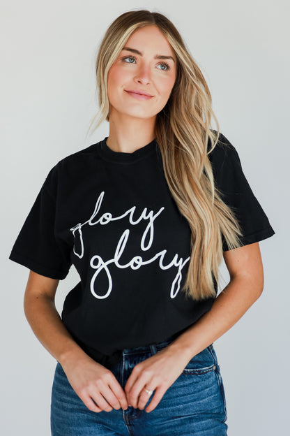 black Glory Glory Script Tee on model