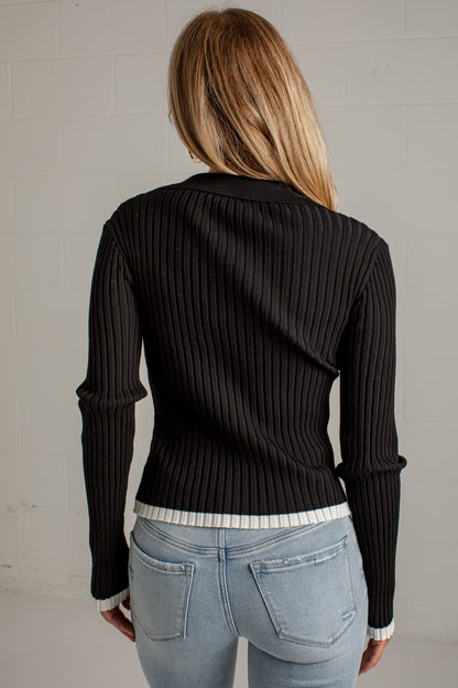 All The Difference Black Contrast Ribbed Knit Top