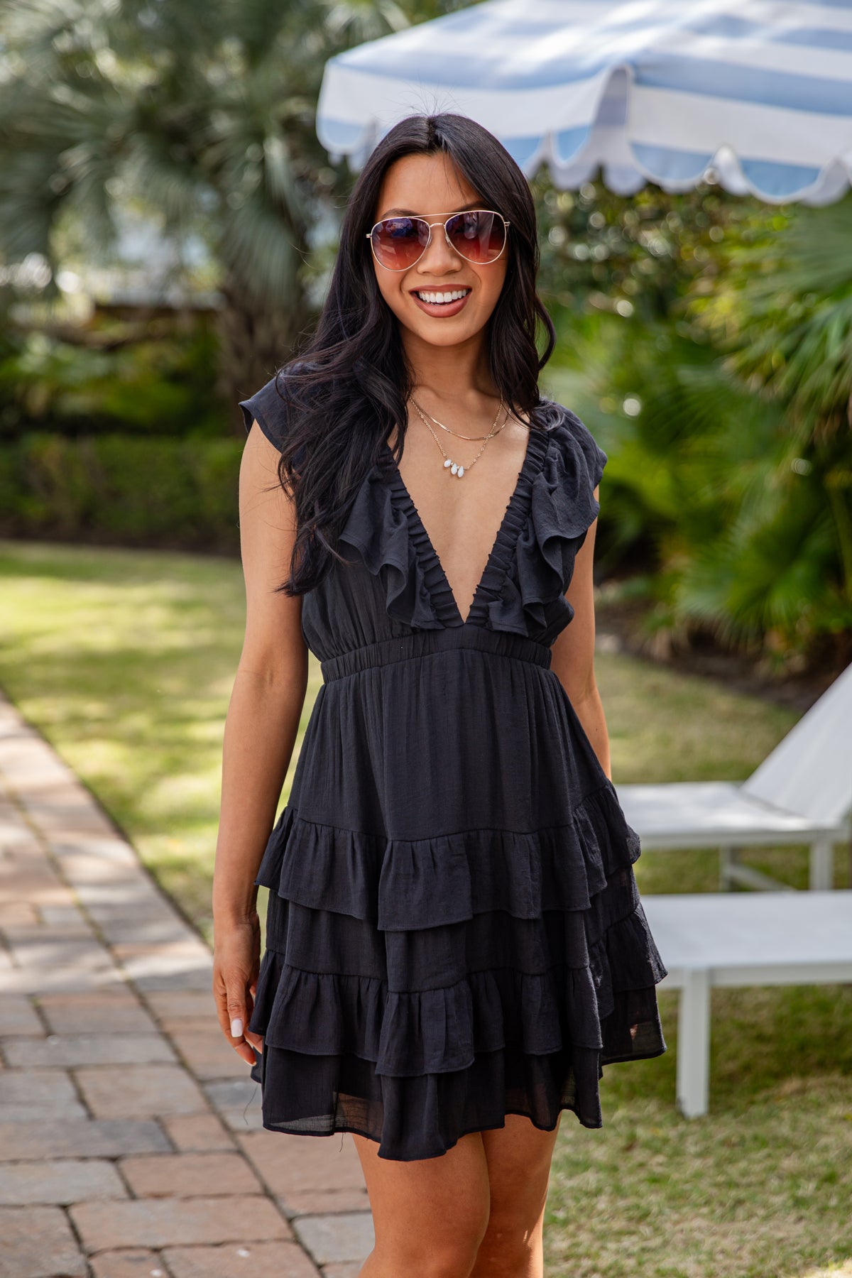 Woman wearing a black ruffled dress and sunglasses outdoors.