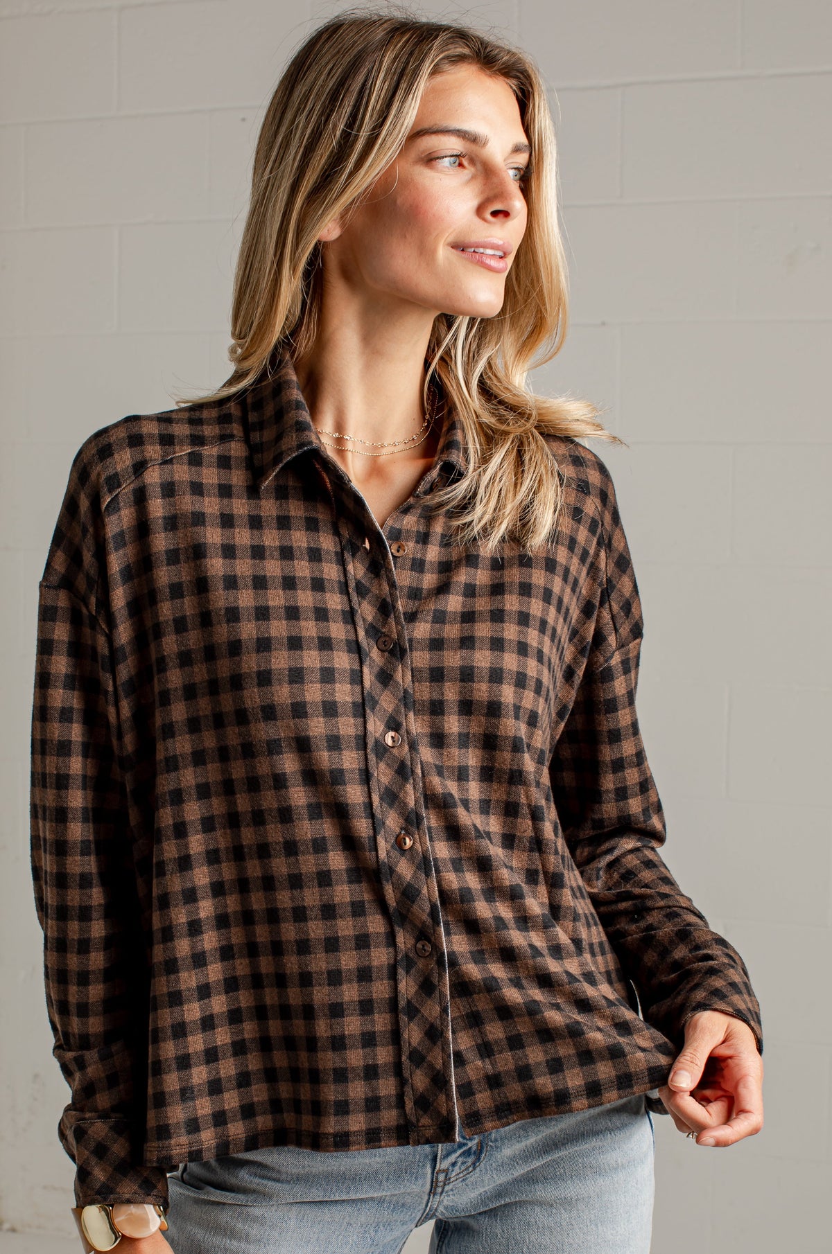 Cabin Social Brown Plaid Button Up Top