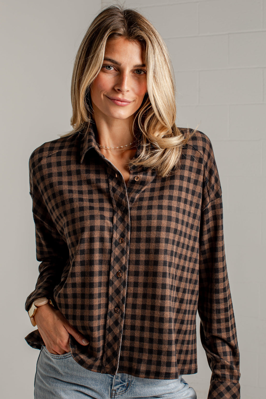 Cabin Social Brown Plaid Button Up Top