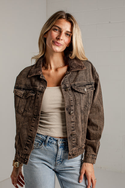 Offbeat Charm Brown Corduroy Washed Jacket