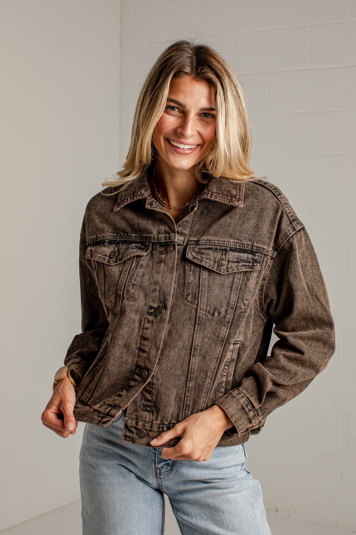 Offbeat Charm Brown Corduroy Washed Jacket