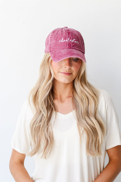 burgundy Charleston Script Embroidered Hat front view