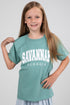 Girl wearing a teal t-shirt with &