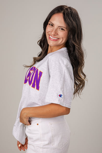Woman wearing a Clemson t-shirt against a plain background