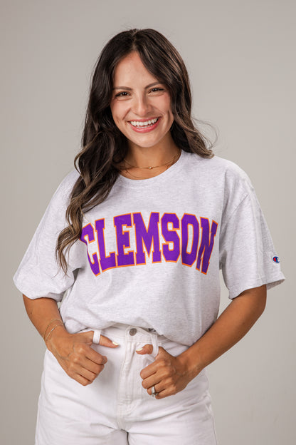 Woman wearing a Clemson t-shirt against a plain background