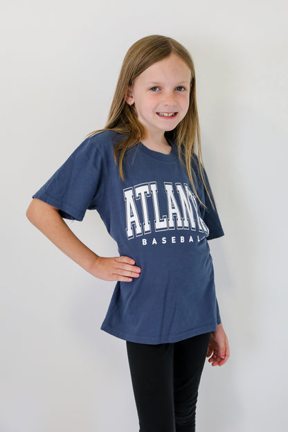 Youth Denim Atlanta Baseball Block Letter Tee