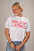 Woman wearing a white t-shirt with &