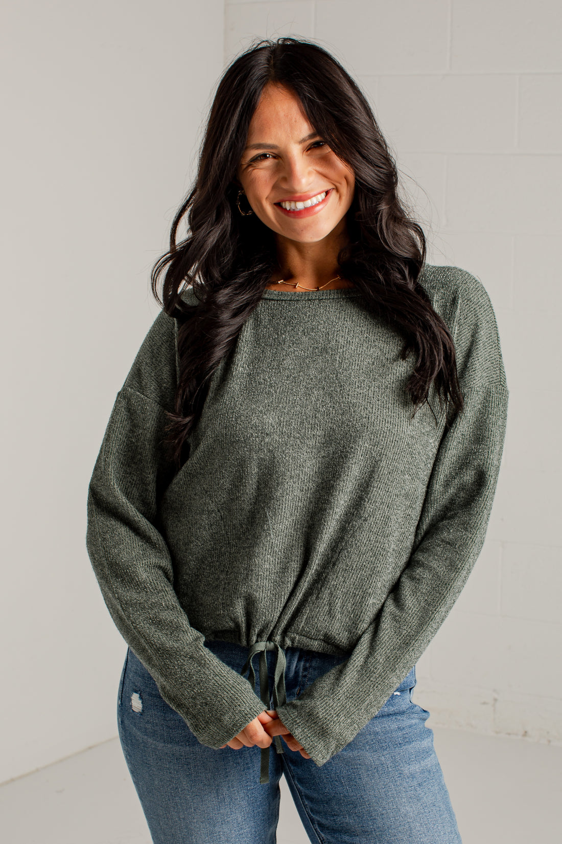 A Little Downtime Drawstring Green Knit Top