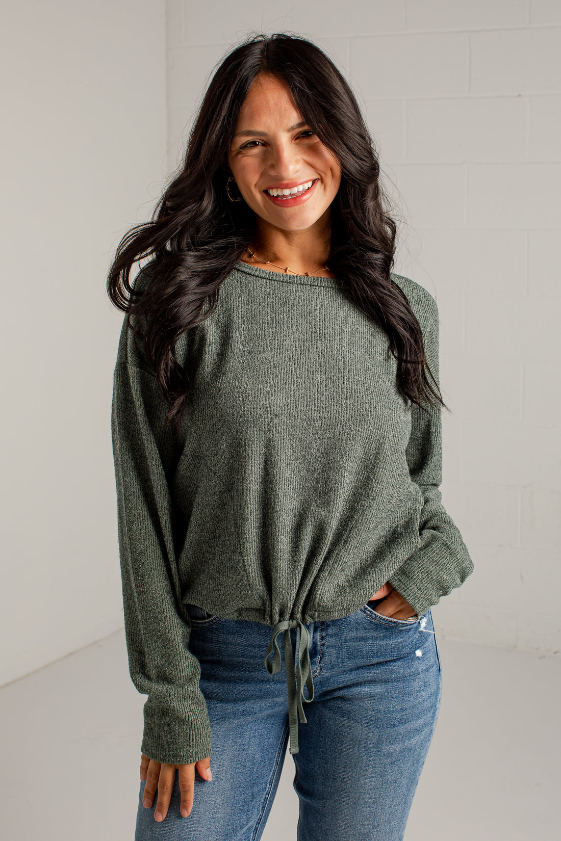 A Little Downtime Drawstring Green Knit Top