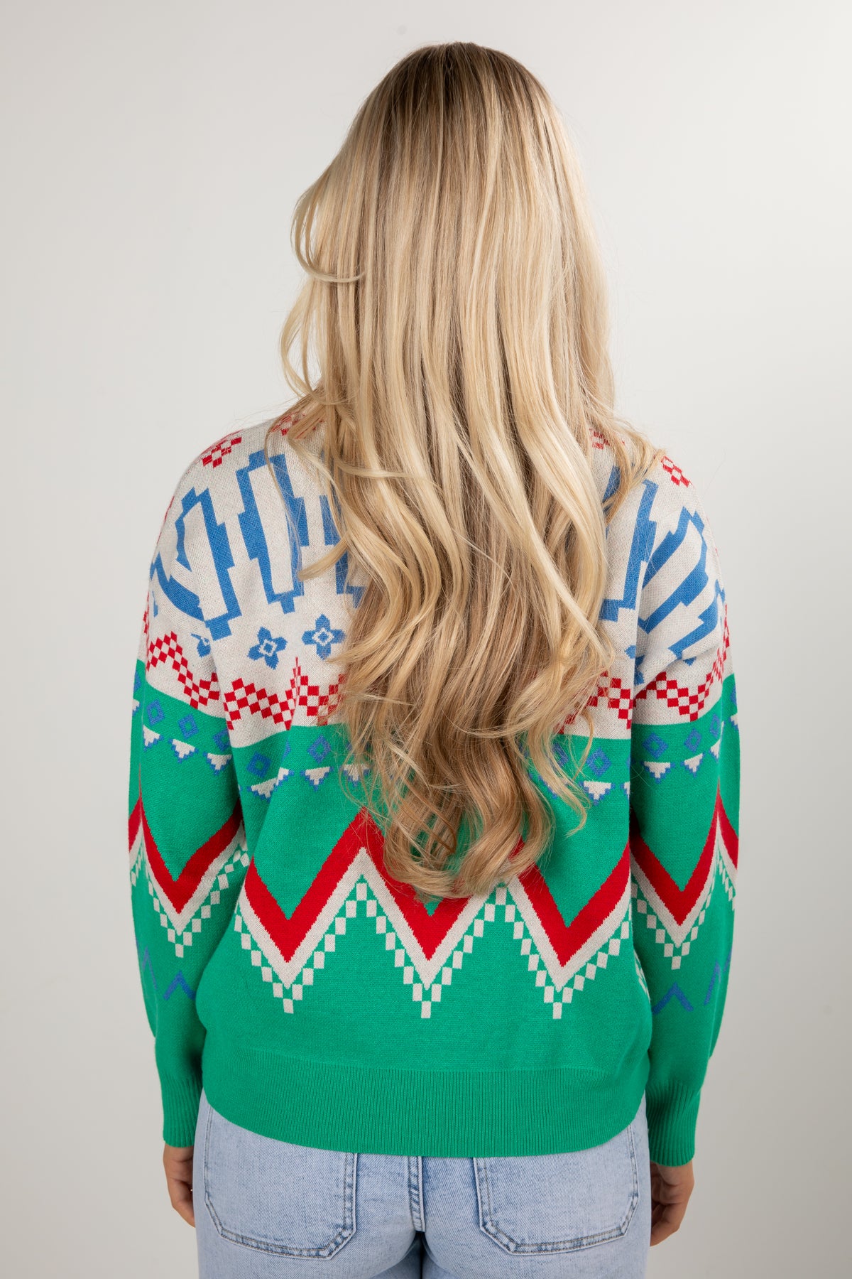 Person wearing a colorful patterned sweater with a plain background
