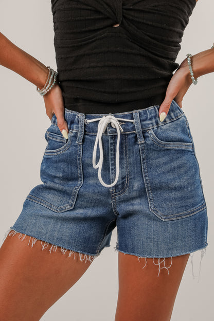 Aubrey Medium Wash High-Rise Drawstring Denim Shorts