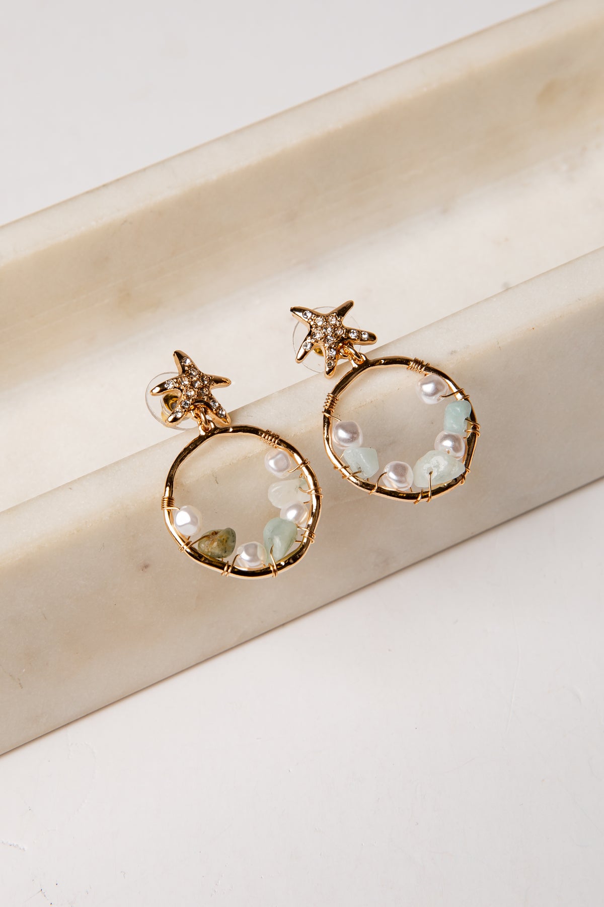 gold starfish drop hoop beaded earrings