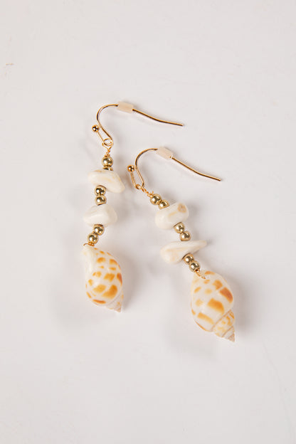 Shell earrings with gold accents on a white background