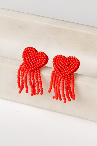 FINAL SALE - Elara Beaded Red Heart Fringe Earrings