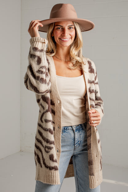 Untamed Taupe Zebra Print Oversized Knit Cardigan