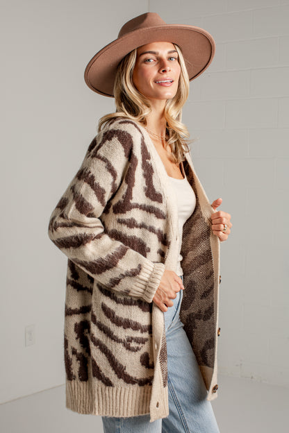 Untamed Taupe Zebra Print Oversized Knit Cardigan