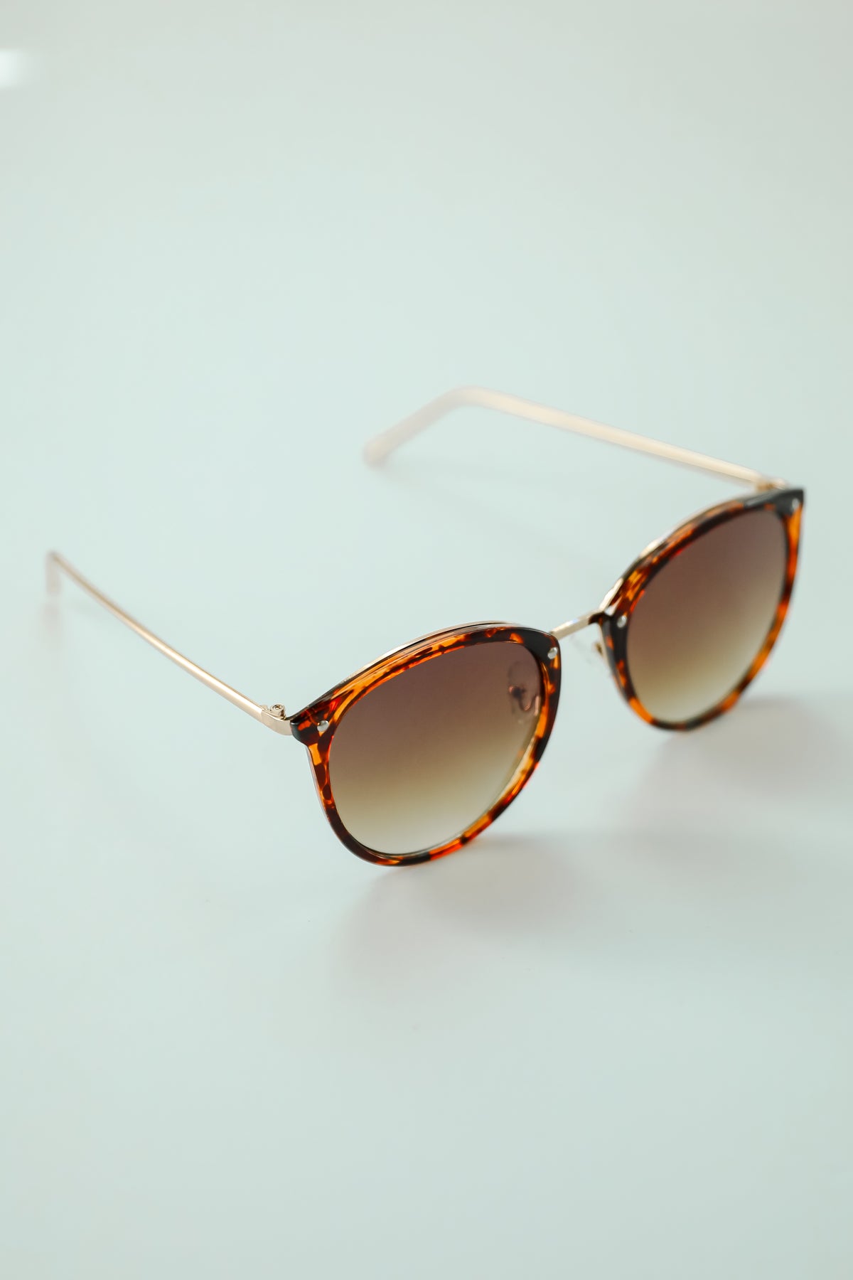 Sunglasses with tortoiseshell frame and gradient lenses on a light blue background